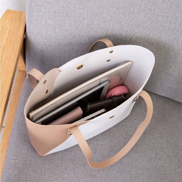 ⚠️Clearance White And Brown Color Block Shoulder Tote Bag - Picture 5 of 5